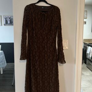 Zara Brown Long Sleeve Lace Dress - Size XL